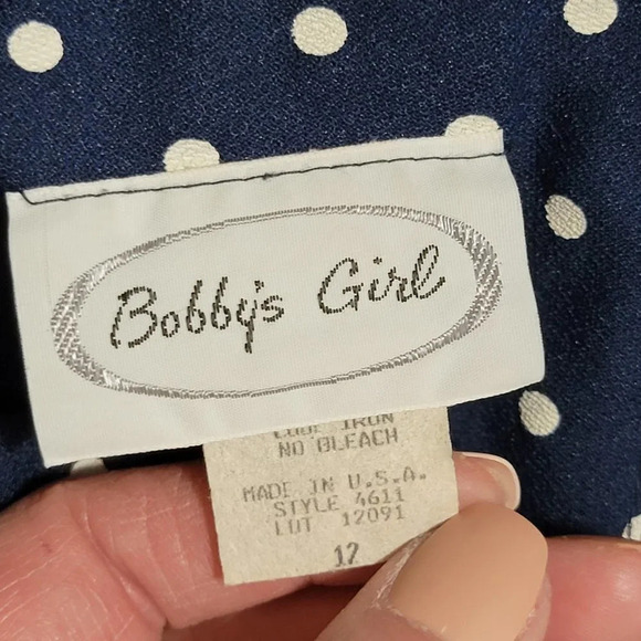 VINTAGE Retro‎ Navy Blue with White Polka Dot Modest Mid Length Peplum Dress 12 - Picture 7 of 8